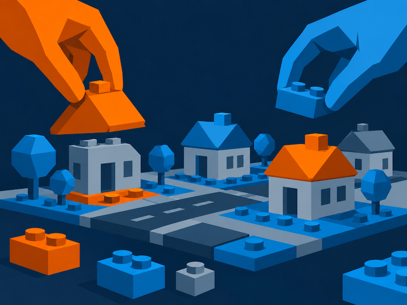 Two hands collaborate to build a miniature town from orange, blue, and slate blocks.