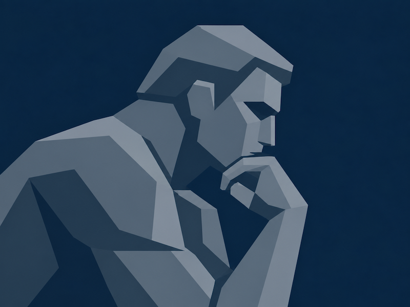 A geometric figure rests its chin on one hand in thought.