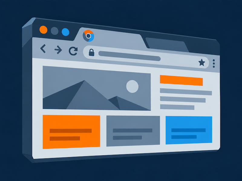 A browser window displays a page with orange, blue, and slate content blocks.