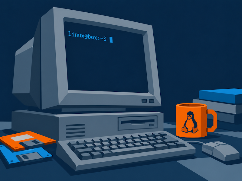 A desktop computer displays a Linux terminal beside a keyboard, disks, books, and a mug.