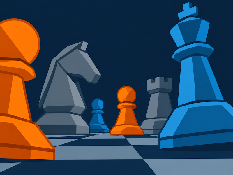 Orange, blue, and slate chess pieces on a game board.